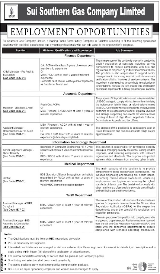 Sui Southern Gas Company Limited SSGC Latest Jobs 2026 - Apply Online for Manager, Engineer & Other Vacancies in Karachi