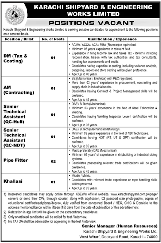 Karachi Shipyard & Engineering Works Limited Latest Jobs 2026 - Apply Online for DM, AM and Technical Vacancies in Karachi