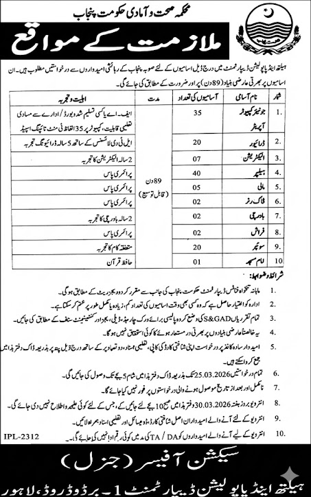 Punjab Health and Population Welfare Department Latest Jobs 2026 - Apply Online for Junior Computer Operator & Other Vacancies in Lahore