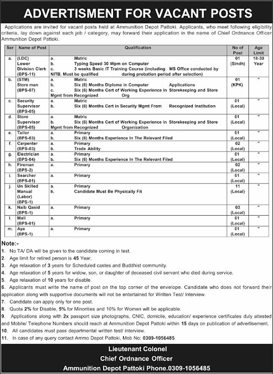 Ammunition Depot Pattoki New Jobs 2026 - Apply Online for LDC, Storeman & Other Vacancies in Pattoki