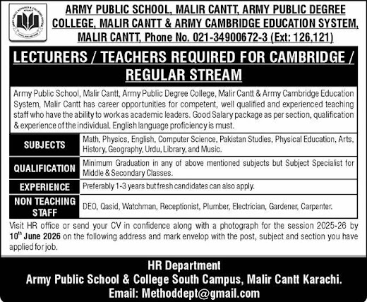 Army Public School & College South Campus New Jobs 2026 - Apply Online for Lecturers and Non-Teaching Vacancies in Karachi