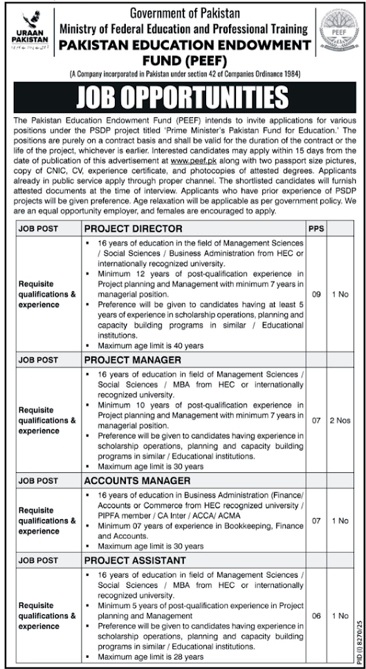 Pakistan Education Endowment Fund (PEEF) New Jobs 2026 - Apply Online for Project Director and Other Vacancies in Islamabad