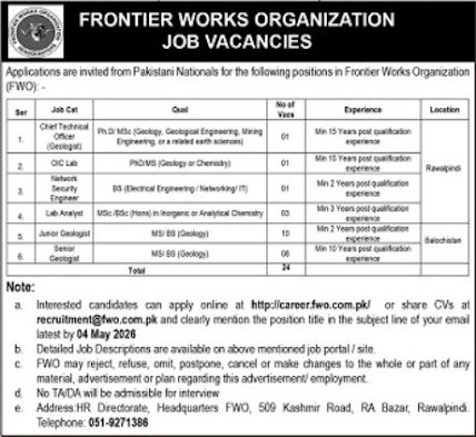 Frontier Works Organization FWO New Jobs 2026 - Apply Online for Geologist and Engineer Vacancies in Rawalpindi