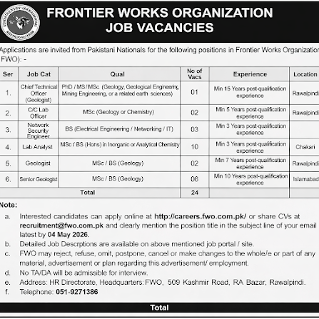 Frontier Works Organization FWO New Jobs 2026 - Apply Online for Geologist and Engineer Vacancies in Rawalpindi