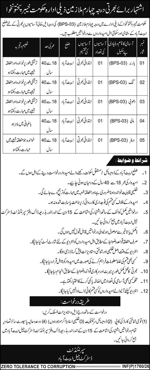 District Jail Abbottabad New Jobs 2026 - Apply Online for Cook, Mali & Other Vacancies in Abbottabad