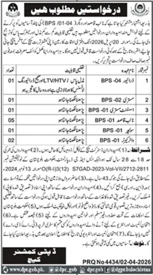 Deputy Commissioner Office Kech New Jobs 2026 - Apply Online for Driver, Naib Qasid, and Others Vacancies in Kech