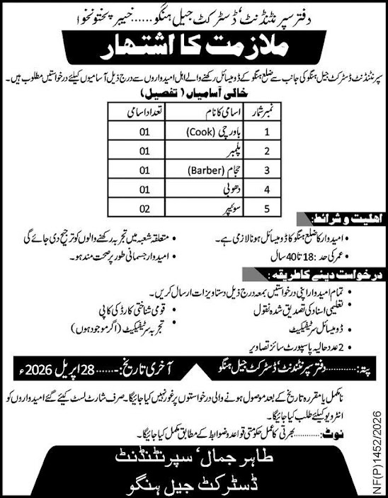 District Jail Hangu New Jobs 2026 - Apply Online for Cook, Plumber & Other Vacancies in Hangu
