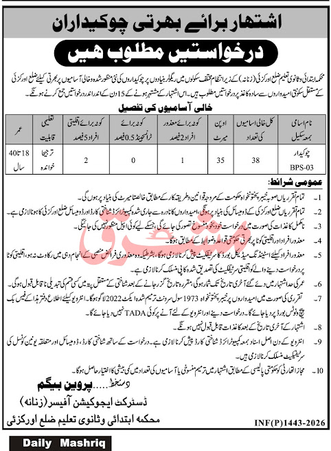 Elementary and Secondary Education Department New Jobs 2026 - Apply Online for Chowkidar Vacancies in Orakzai