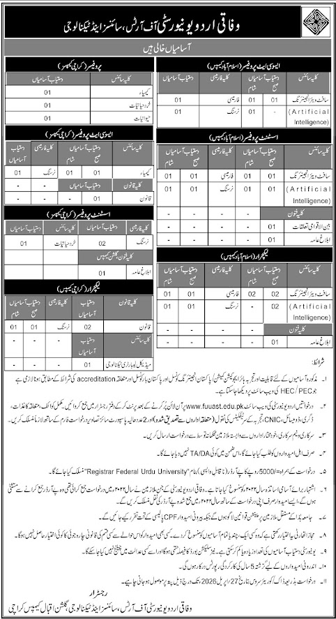 Federal Urdu University Of Arts Science And Technology New Jobs 2026 - Apply Online for Lecturer, Professor Vacancies in Karachi & Islamabad
