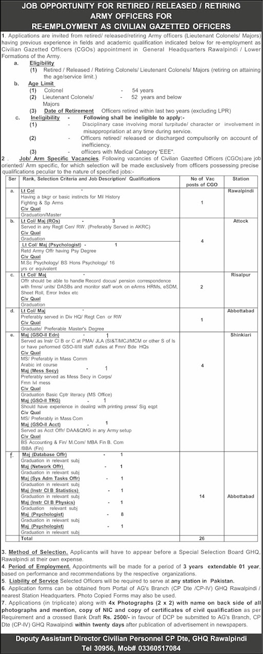 General Headquarters (GHQ) Rawalpindi New Jobs 2026 - Apply Online for Civilian Gazetted Officers Vacancies in Rawalpindi