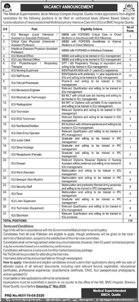 Bolan Medical Complex Hospital Quetta New Jobs 2026 - Apply Online for ICU Staff Nurse & Other Vacancies in Quetta