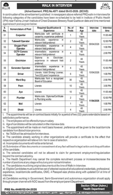 Health Department Balochistan Walk-In Interview Jobs 2026
