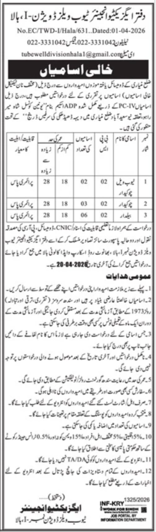 Irrigation Division New Jobs 2026 - Apply Online for Tube Well Chowkidar Vacancies in Hala