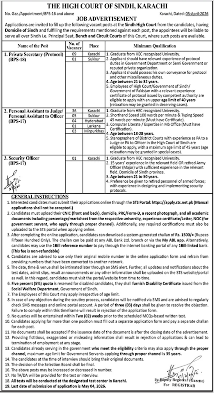 High Court of Sindh New Jobs 2026 - Apply Online for Personal Assistant Vacancies in Karachi