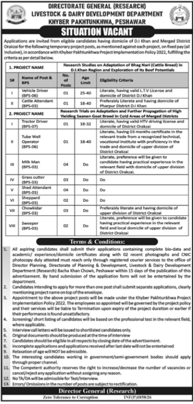 Livestock & Dairy Development Department New Jobs 2026 - Apply Online for Vehicle Driver & Tractor Driver Vacancies in Peshawar