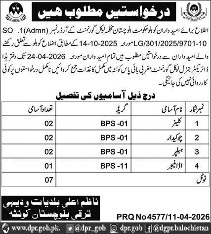 Local Government Balochistan New Jobs 2026 - Apply Online for Cleaner, Chowkidar and Other Vacancies in Quetta