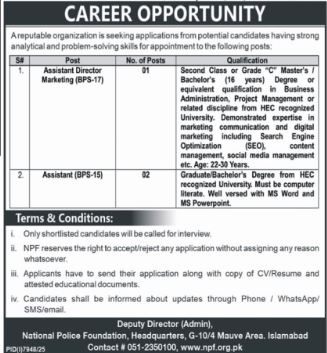 National Police Foundation Latest Jobs 2026 - Apply Online for Assistant Director Marketing Vacancies in Islamabad