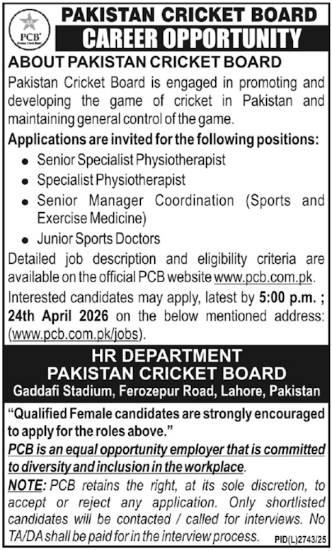 Pakistan Cricket Board New Jobs 2026 - Apply Online for Senior Specialist Physiotherapist Vacancies in Lahore