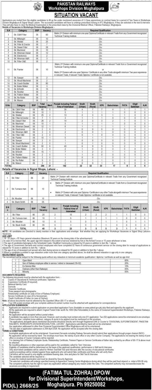 Pakistan Railways New Jobs 2026 - Apply Online for C-Class Apprentice Vacancies in Lahore