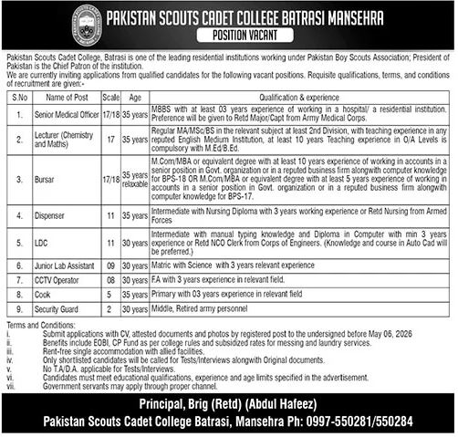 Pakistan Scouts Cadet College New Jobs 2026 - Apply Online for Senior Medical Officer, Lecturer & Others Vacancies in Mansehra