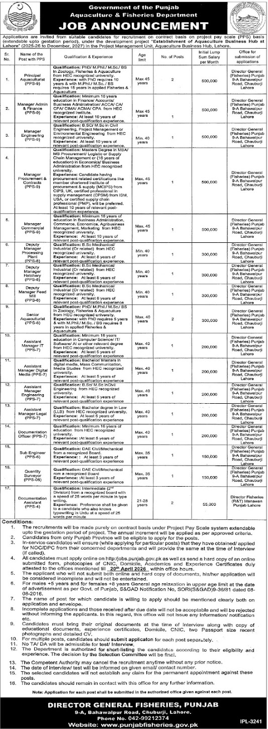 Punjab Fisheries Department New Jobs 2026 - Apply Online for Principal Aquaculturist Vacancies in Lahore