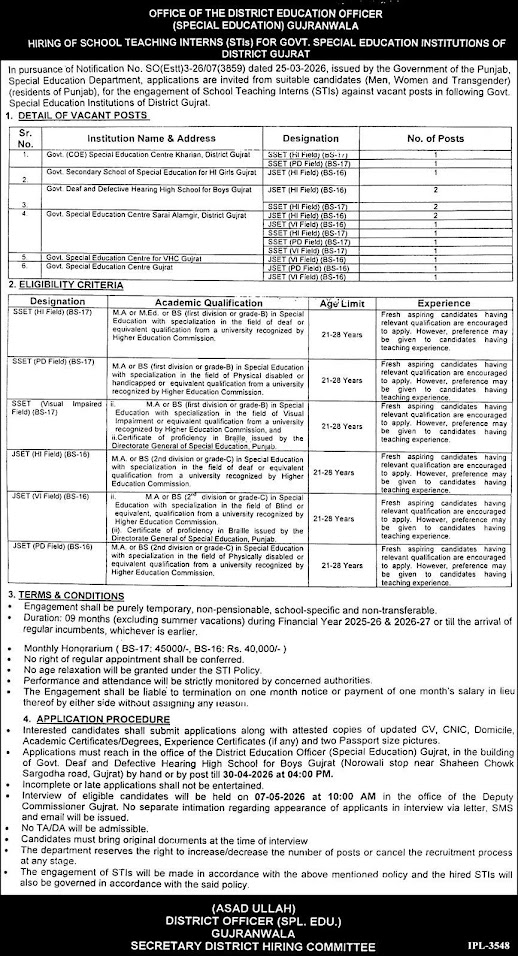 Special Education Department Punjab New Jobs 2026 - Apply Online for School Teaching Interns (STIs) Vacancies in Gujrat