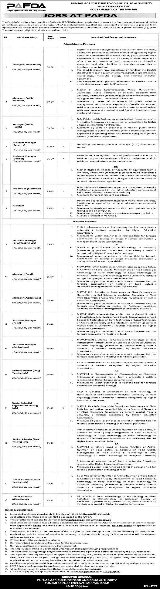 Punjab Agriculture Food and Drug Authority New Jobs 2026 - Apply Online for Manager, Scientist & Other Vacancies in Lahore