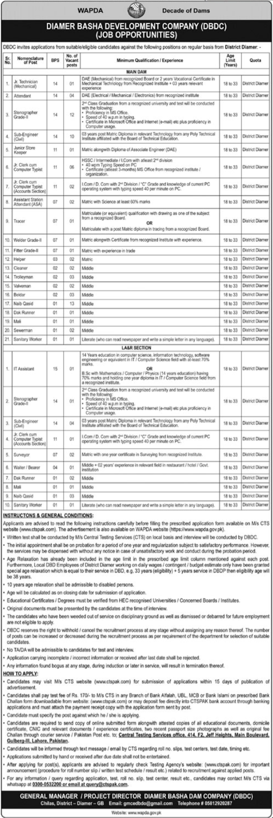 Diamer Basha Development Company DBDC WAPDA New Jobs 2026 - Apply Online for Various Vacancies in Diamer