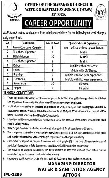 Water & Sanitation Agency (WASA) New Jobs 2026 - Apply Online for Multiple Vacancies in Attock