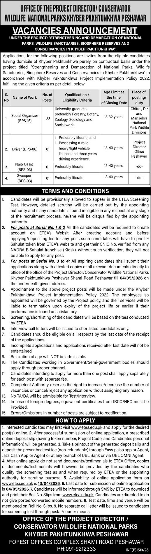 Wildlife National Parks Khyber Pakhtunkhwa New Jobs 2026 - Apply Online for Social Organizer & Driver Vacancies in Peshawar