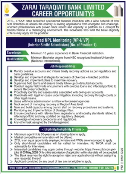 Zarai Taraqiati Bank Limited New Jobs 2026 - Apply Online for Head NPL Monitoring Vacancies in Interior Sindh / Baluchistan