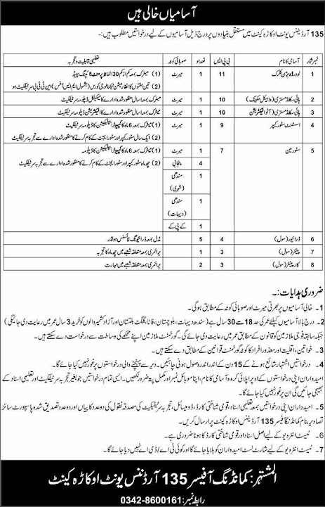135 Ordnance Unit Okara Cantt New Jobs 