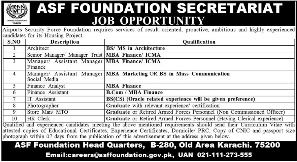 ASF Foundation New Jobs 2026 - Apply Online for Architect, Manager, Finance & Various Vacancies in Karachi
