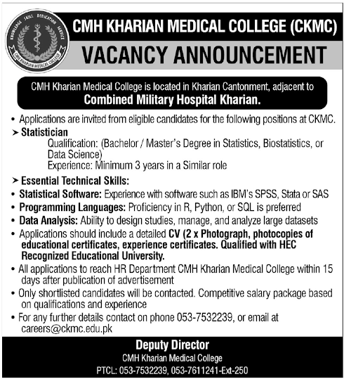 CMH Kharian Medical College New Jobs 2026 - Apply Online for Statistician Vacancies in Kharian