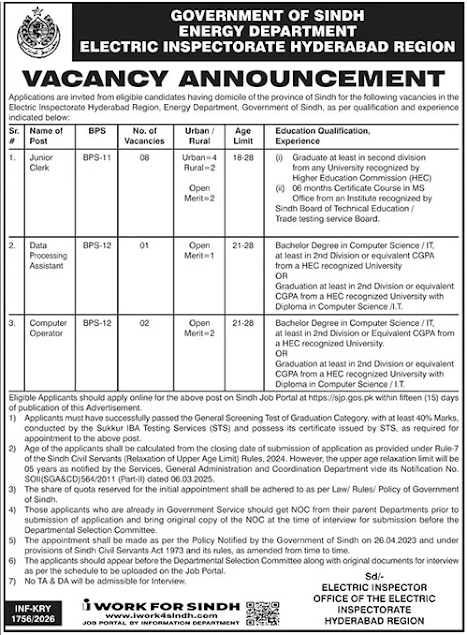 Energy Department Government of Sindh New Jobs 2026 - Apply Online for Junior Clerk, Computer Operator & Others Vacancies in Hyderabad, Karachi & Larkana