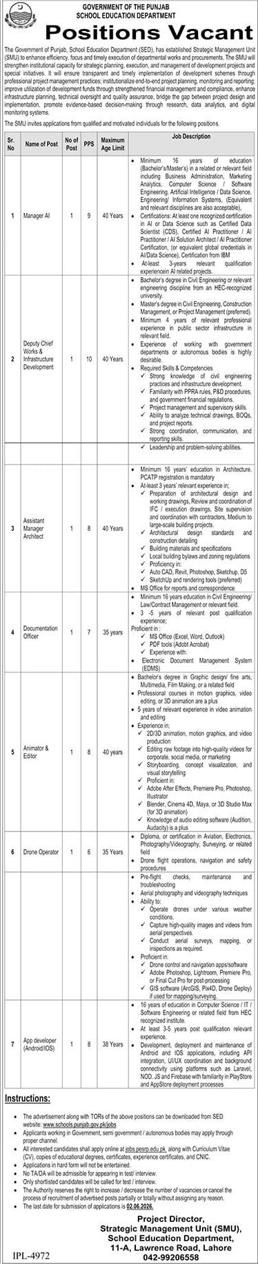 Government of The Punjab School Education Department New Jobs 2026 - Apply Online for Strategic Management Unit Vacancies in Lahore