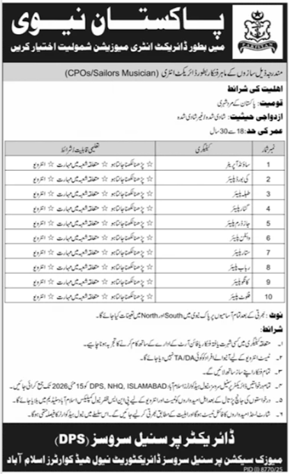 Pakistan Navy New Jobs 2026 - Apply Online for Sailor Musician Vacancies in Islamabad