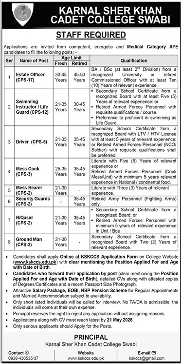 Karnal Sher Khan Cadet College Swabi New Jobs 2026 - Apply Online for Estate Officer & Other Vacancies in Swabi