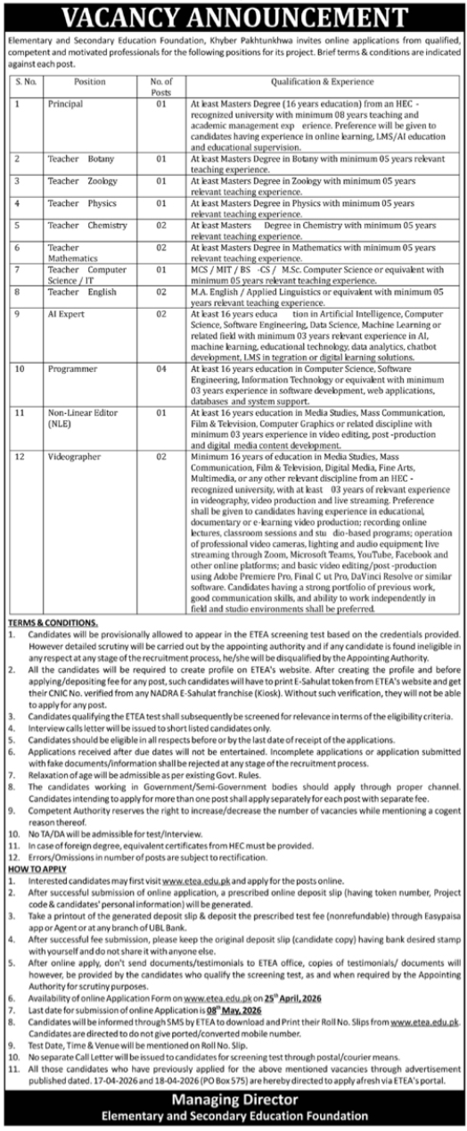 Elementary and Secondary Education Foundation New Jobs 2026 - Apply Online for Principal and Teacher Vacancies in Khyber Pakhtunkhwa