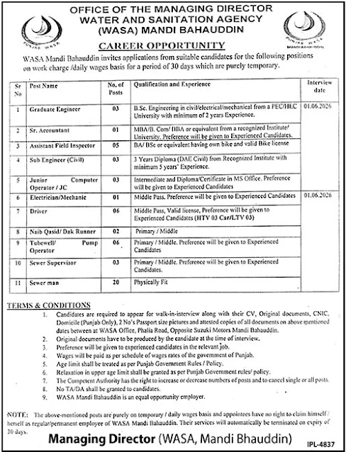 Water and Sanitation Agency (WASA) New Jobs 2026 - Apply Online for Graduate Engineer Vacancies in Mandi Bahauddin