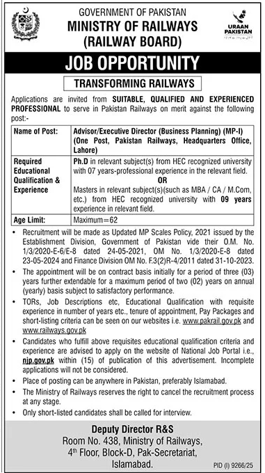 Ministry of Railways New Jobs 2026 - Apply Online for AdvisorExecutive Director Vacancies in Islamabad