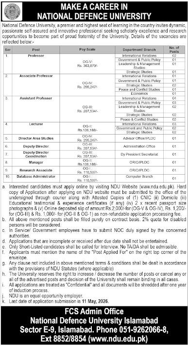 National Defence University New Jobs 2026 - Apply Online for Professor, Lecturer & Other Vacancies in Islamabad