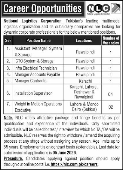 National Logistics Corporation NLC New Jobs 2026 - Apply Online for Assistant Manager, Technical, Management Vacancies in Rawalpindi