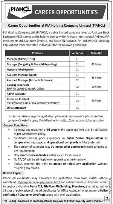 PIA Holding Company Limited (PIAHCL) New Jobs 2026 - Apply Online for Manager, Assistant Manager & Other Vacancies in Islamabad