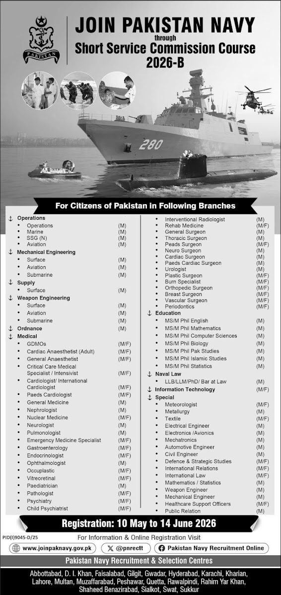 Pakistan Navy Short Service Commission New Jobs 2026 - Apply Online for Short Service Commission Vacancies in Multiple Cities