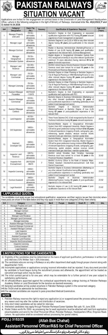 Pakistan Railways New Jobs 2026 - Apply Online for Manager & Inspector Vacancies in Lahore