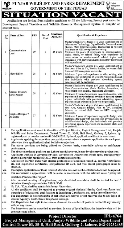 Punjab Wildlife & Parks Department New Jobs 2026 - Apply Online for Communication Lead & Media Vacancies in Lahore
