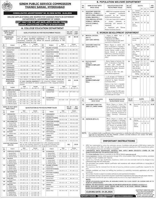 Sindh Public Service Commission (SPSC) New Jobs 2026 - Apply Online for Professor, Assistant Director & Other Vacancies in Hyderabad
