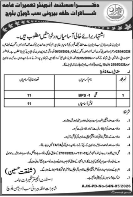 Assistant Engineer Public Works Department New Jobs 2026 - Apply Online for Coolie Vacancies in Pallandri