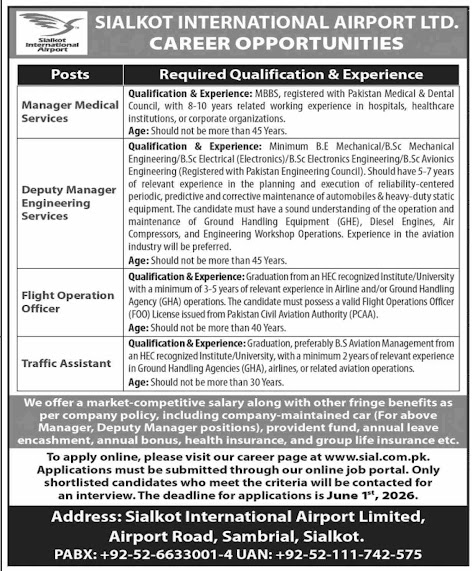 Sialkot International Airport Ltd. New Jobs 2026 - Apply Online for Manager, Deputy Manager, Flight Operation Officer & Traffic Assistant Vacancies in Sialkot
